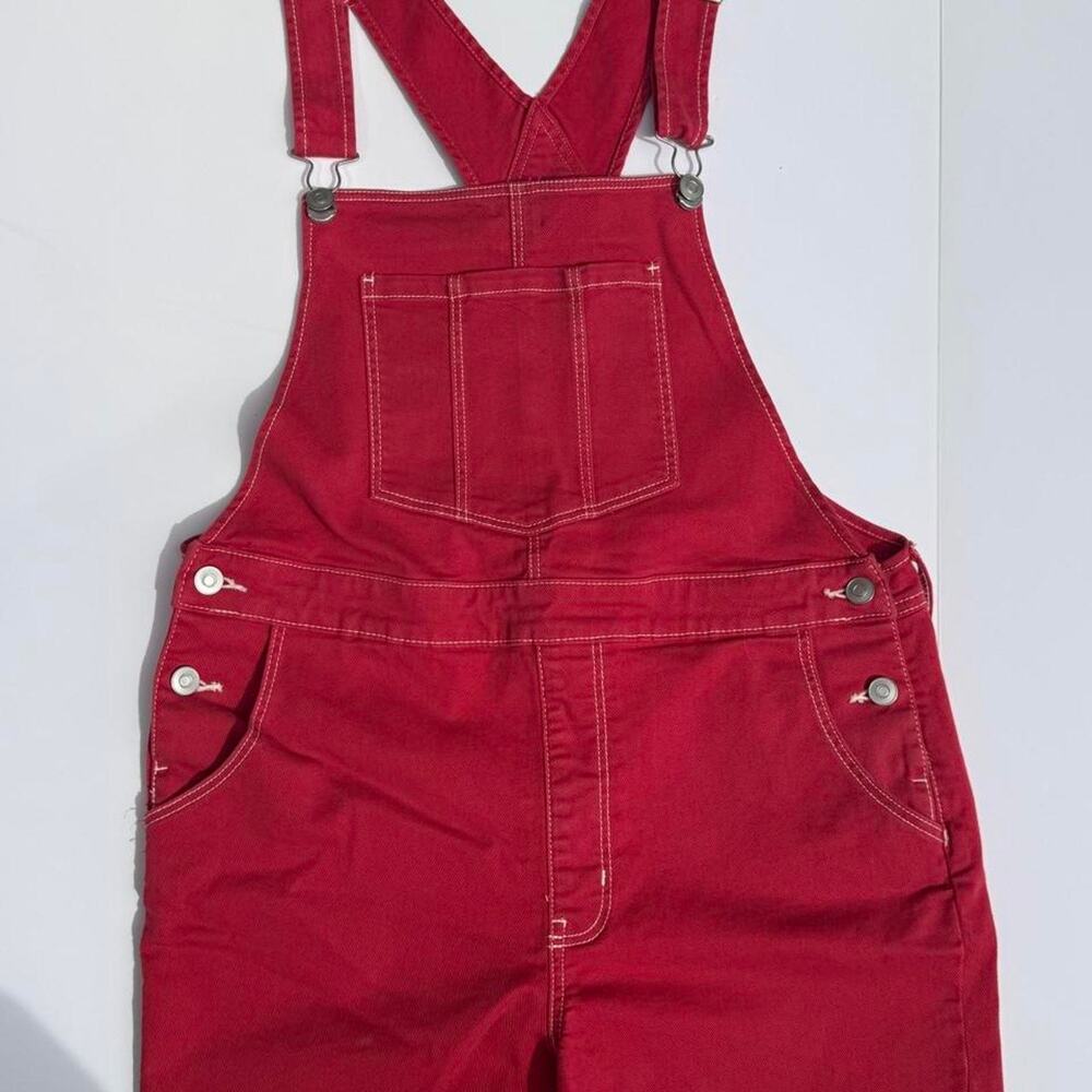 Red denim overall shorts